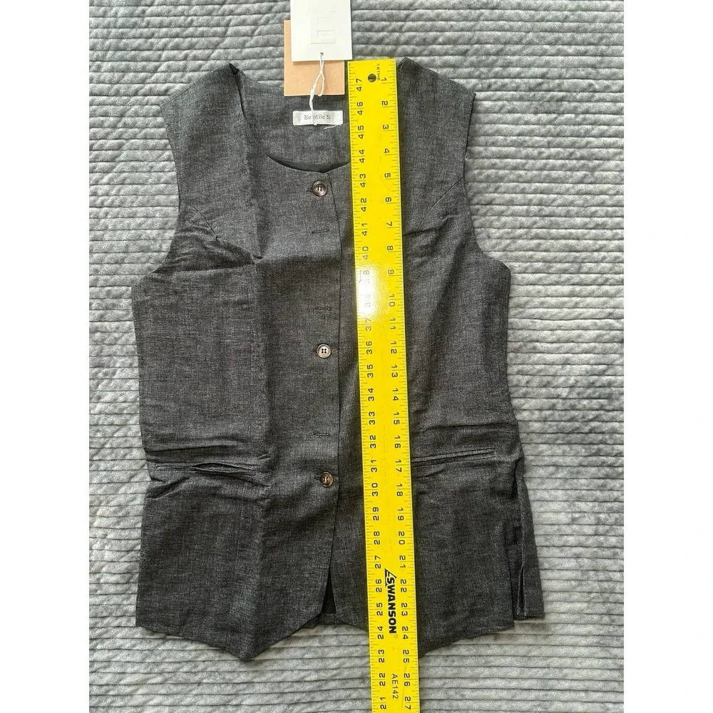 Eelotile Linen Blend Mid Length Sleeveless Button Down Waistcoat Vest Sz Small - Picture 4 of 12